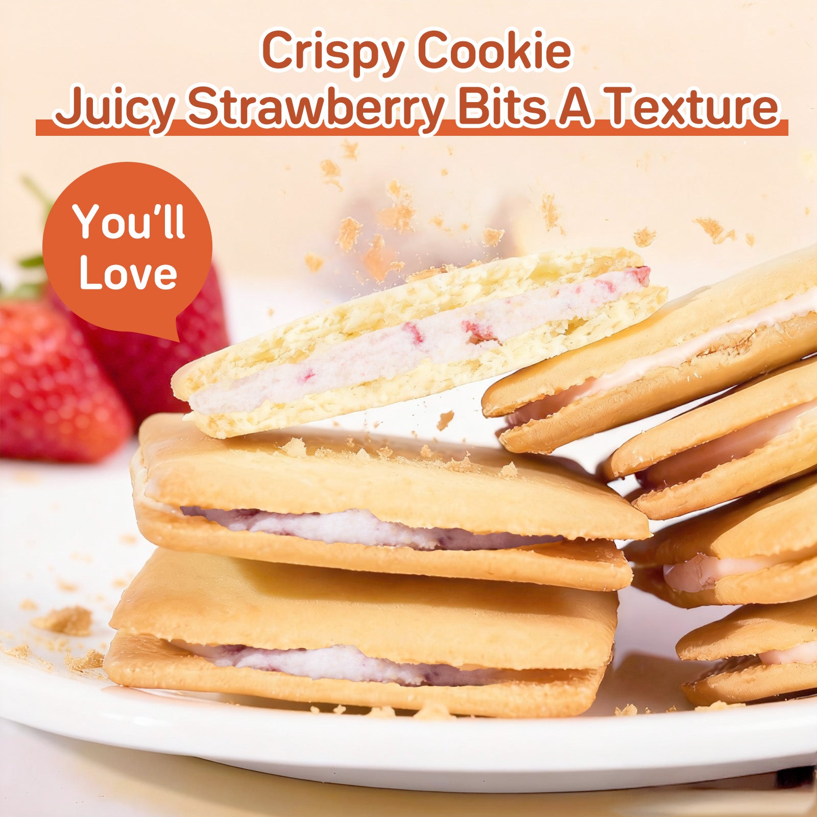 Dujosoo Freeze-Dried Strawberry Sandwich Cookies - Real Fruit Pieces, Irresistible Crunch-(pack of 48) (10101737095489)