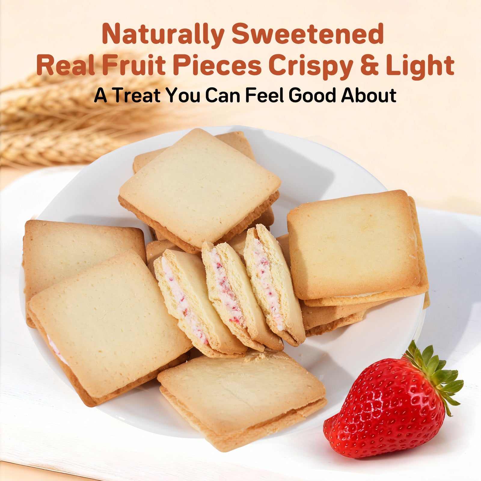 Dujosoo Freeze-Dried Strawberry Sandwich Cookies - Real Fruit Pieces, Irresistible Crunch-(pack of 48) (10101737095489)
