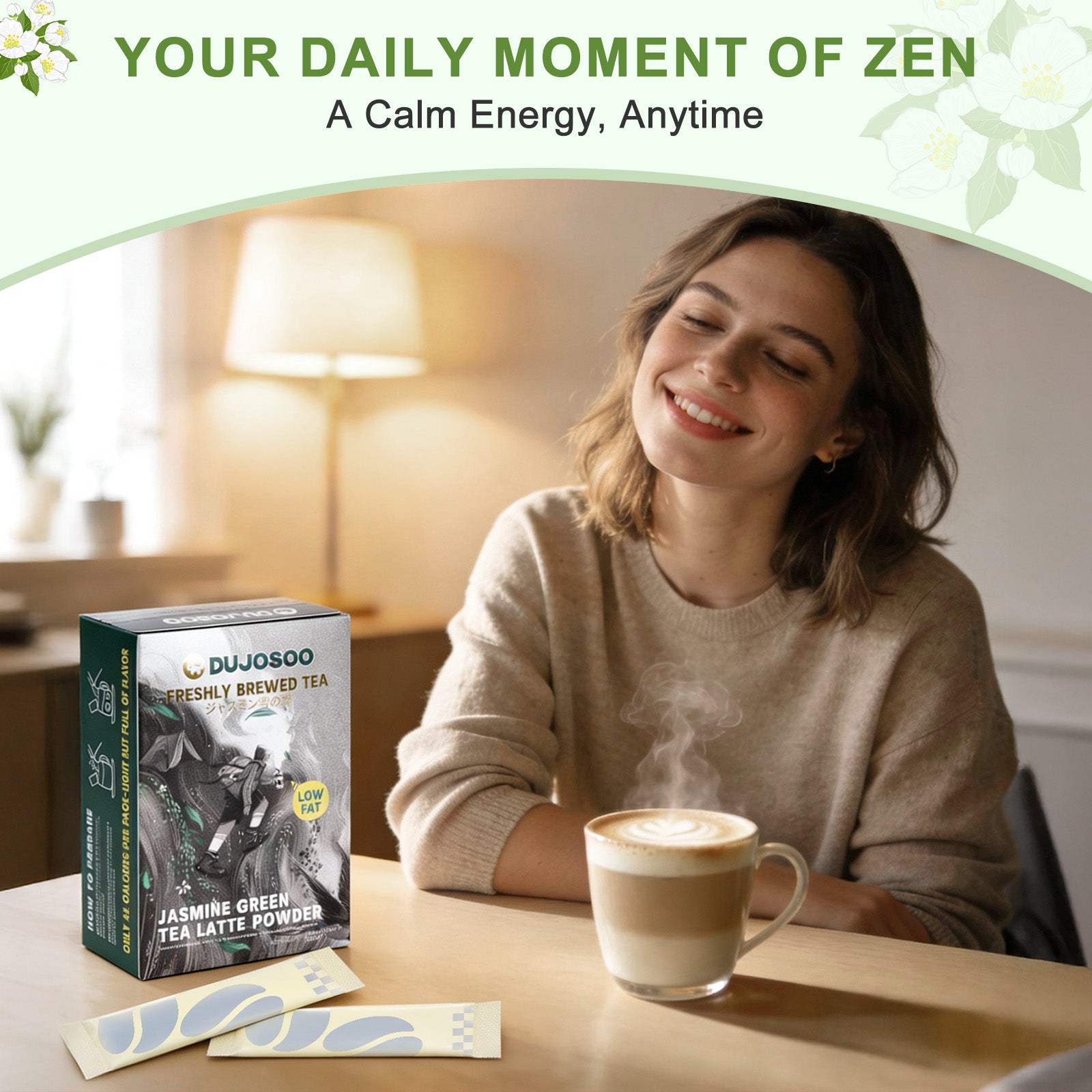 Dujosoo Jasmine Green Powder Latte: Zero Sugar, Just 44 Calories. Pure Delight.(pack of 120) (10070542319937)
